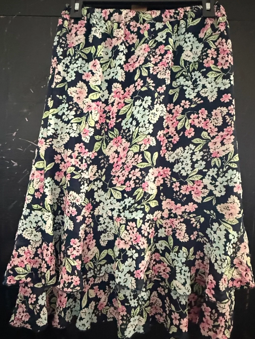 Sag Harbor Petite Floral Tiered Midi Skirt Black Pink Cottagecore Size PS
